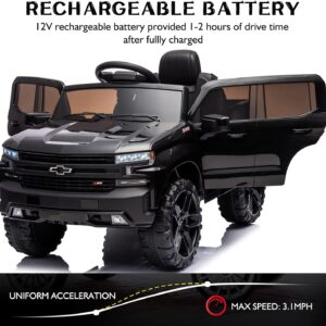 12V Electric Car for Kids,Licensed Chevy Silverado Truck Kids Ride On Car with Remote Control Battery Powered Electric Vehicle Toy Car, 4-Wheeler Suspension, Music& Lights, 3 Speeds(Black)