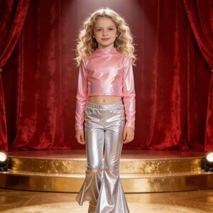 LOLANTA Metallic Dance Tops for Girls Long Sleeve Cropped Y2K Top Shiny Disco Streetwear Rave Party Festivals Costumes