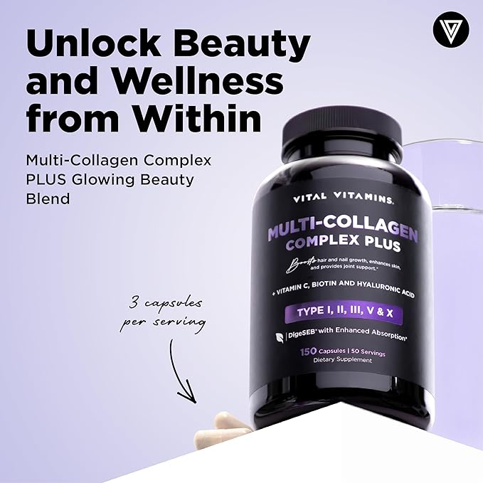 Vital Vitamins Multi Collagen Capsules with Biotin, Hyaluronic Acid, Vitamin C - Type I, II, III, V, X Peptides - Collagen Supplements for Men & Women - Hair, Skin, Nails Beauty Complex - 150 Count - Image 4