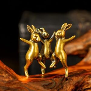 CHOVY Dancing Rabbits Trio - 100% Solid Brass Sculpture, Vintage Whimsical Home Decor, Interlocking Joyful Bunny Figurine for Easter & Spring, Unique Gift Idea, Handcrafted Collectible Art Piece