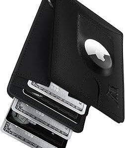 Kings Loot Trackable Airtag Wallet for Men | RFID Blocking Leather Design with Airtag Holder, Money Clip & Pull Tab | Minimalist Air Tag Wallets (Black)