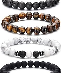 RANKEEF Tiger Eye Bracelet For Men 8MM Natural Stone Stretch Adjustable Black Crystal Beaded Bracelet for Men Women Gifts
