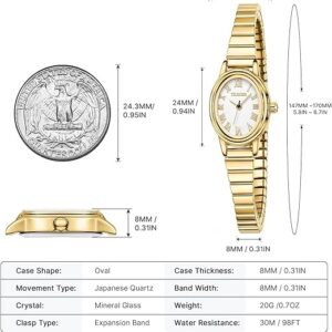 Small Gold Watches for Women, Easy to Read Dial Ladies Analog Watch, Oval Case, Stainless Steel Expansion Band, Waterproof Watch