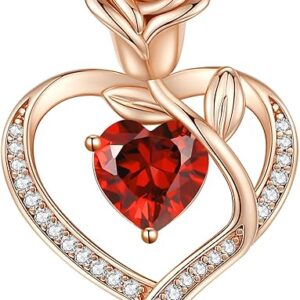 LOUISA SECRET Rose Flower Heart Birthstone Necklaces for Women, 925 Sterling Silver Fine Jewelry, Pendant Heart Necklaces Birthday Anniversary Christmas Gift for Women Wife Mom Girlfriend Lady