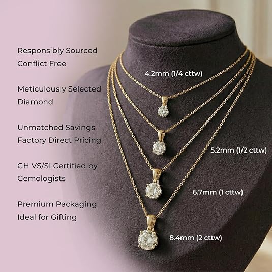Lab Grown Diamond Necklace For Women | 1/4 - 2 Carat | Premium GH Color VS - SI Clarity Diamonds Certified by Gemologists | 14K Solid White & Yellow Gold Pendant | 16 -18 Inch Adjustable Gold Chain - Image 5