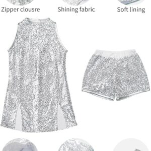 LOLANTA Girls Sequins Dance Clothes Dress 4-12 Yrs Sparkle Hip Hop Jazz Dance Outfit, Sleeveless Top and Shorts