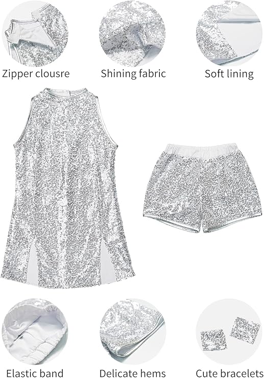 LOLANTA Girls Sequins Dance Clothes Dress 4-12 Yrs Sparkle Hip Hop Jazz Dance Outfit, Sleeveless Top and Shorts - Image 5