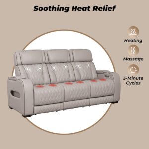 Power Recliner Sectional Sofa, Khaki Leather Reclining Couch Set with LED, L-Shaped Sectional Living Room Furniture with USB Port/Storage/Cup Holders (Sectional)