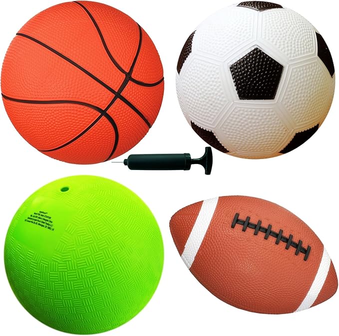 AppleRound 4-Pack Sports Balls for Toddlers & Kids with Pump – 5-Inch Soccer Ball, Basketball, Playground Ball & 6.5-Inch Football – Soft Small Balls for Indoor/Outdoor Play (Ages 2-7)