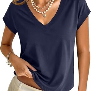 Womens Cotton Tops Cap Short Sleeve Crop V Neck T Shirts Boxy Casual Basic Spring Summer Tee