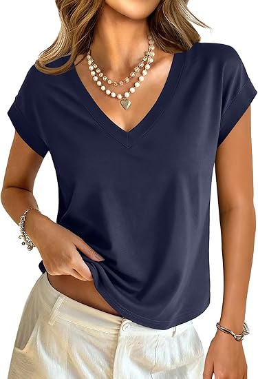 Womens Cotton Tops Cap Short Sleeve Crop V Neck T Shirts Boxy Casual Basic Spring Summer Tee