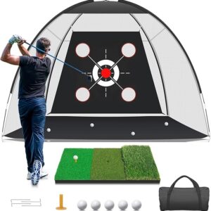 Golf Net with Practice Mat,Golf Hitting Aid Nets 10x7FT for Backyard Driving Chipping Training Swing with Target Mat Balls for Outdoor Indoor,Gifts for Men Dad Him and Golfer