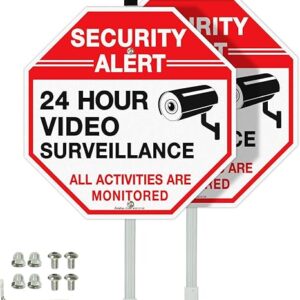 Faittoo Security Sign Video Surveillance Sign with 36" Stake for Outside, 2-Pack 12"x12" Rust Free Heavy Aluminum, Reflective, Fade Resistant, 2 pre-drilled holes, Includes Matching Screws & Wrench,