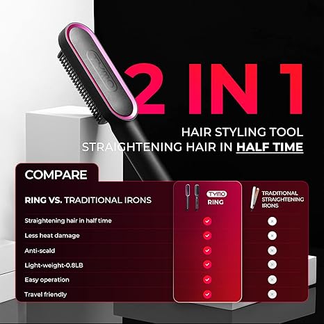Hair Straightener Brush, TYMO Ring Hair Straightener Comb Straightening Brush for Women with 5 Temps 20s Fast Heating & Dual Voltage, Black - Image 3