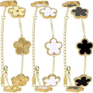 AICase 18K Gold Plated Clover Bracelet Dupes Gold/White/Black Bracelet Set for Women Flower Leaf Lucky Clover Bracelets Trendy Jewelry Birthday Gifts for Women/Mon/Friends
