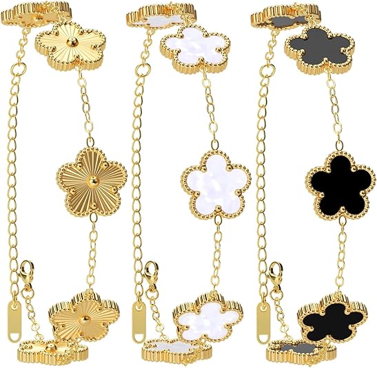 AICase 18K Gold Plated Clover Bracelet Dupes Gold/White/Black Bracelet Set for Women Flower Leaf Lucky Clover Bracelets Trendy Jewelry Birthday Gifts for Women/Mon/Friends