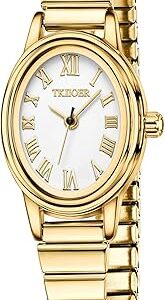 Small Gold Watches for Women, Easy to Read Dial Ladies Analog Watch, Oval Case, Stainless Steel Expansion Band, Waterproof Watch