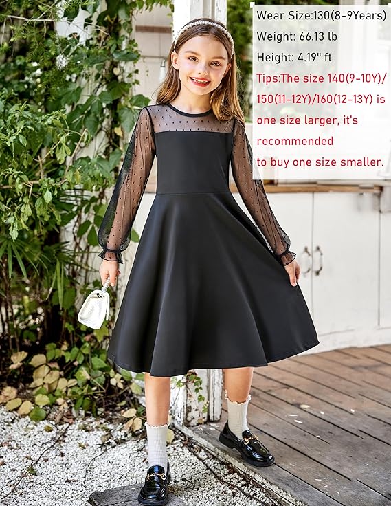 Arshiner Girl's Contrast Mesh Puff Long Sleeve High Waist A Line Short Dress with Pockets for 6-13 Years - Image 4