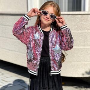 LOLANTA Girls Sequin Jacket, Long Sleeve Kids Bomber Coats with Pockets, Spring Fall Outfits for 4-15 Years