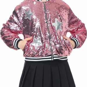 LOLANTA Girls Sequin Jacket, Long Sleeve Kids Bomber Coats with Pockets, Spring Fall Outfits for 4-15 Years