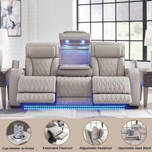 Power Recliner Sectional Sofa, Khaki Leather Reclining Couch Set with LED, L-Shaped Sectional Living Room Furniture with USB Port/Storage/Cup Holders (Sectional)