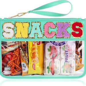 Snack Bag for Travel - Clear Chenille Varsity Letter Flat Pouch with Zipper, 12.2×8.46 inch Waterproof Clear Nylon Preppy Patch Makeup Cosmetic tote Bags for Women Girls