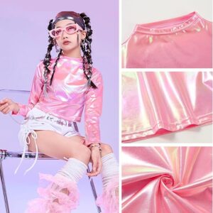 LOLANTA Metallic Dance Tops for Girls Long Sleeve Cropped Y2K Top Shiny Disco Streetwear Rave Party Festivals Costumes
