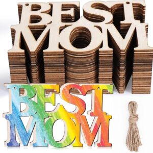 AIERSA 20Pcs Best MOM Unfinished Wood Crafts, Mothers Day Crafts for Kids Painting, Wood Cutouts to Paint, Wooden Letters Ornaments for Mother's Day Gifts,Mom's Birthday Party Classroom DIY Tags