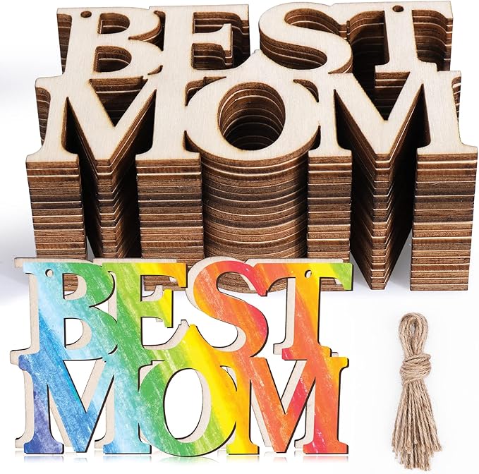 AIERSA 20Pcs Best MOM Unfinished Wood Crafts, Mothers Day Crafts for Kids Painting, Wood Cutouts to Paint, Wooden Letters Ornaments for Mother's Day Gifts,Mom's Birthday Party Classroom DIY Tags