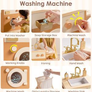 ROBUD Wooden Play Kitchen, 4-in-1 Kids Kitchen Playset with Fridge, Washing Machine, Dishwasher, Toddlers Role Play Kitchen Set Gift for Boys & Girls, Age 3+ (Caramel)