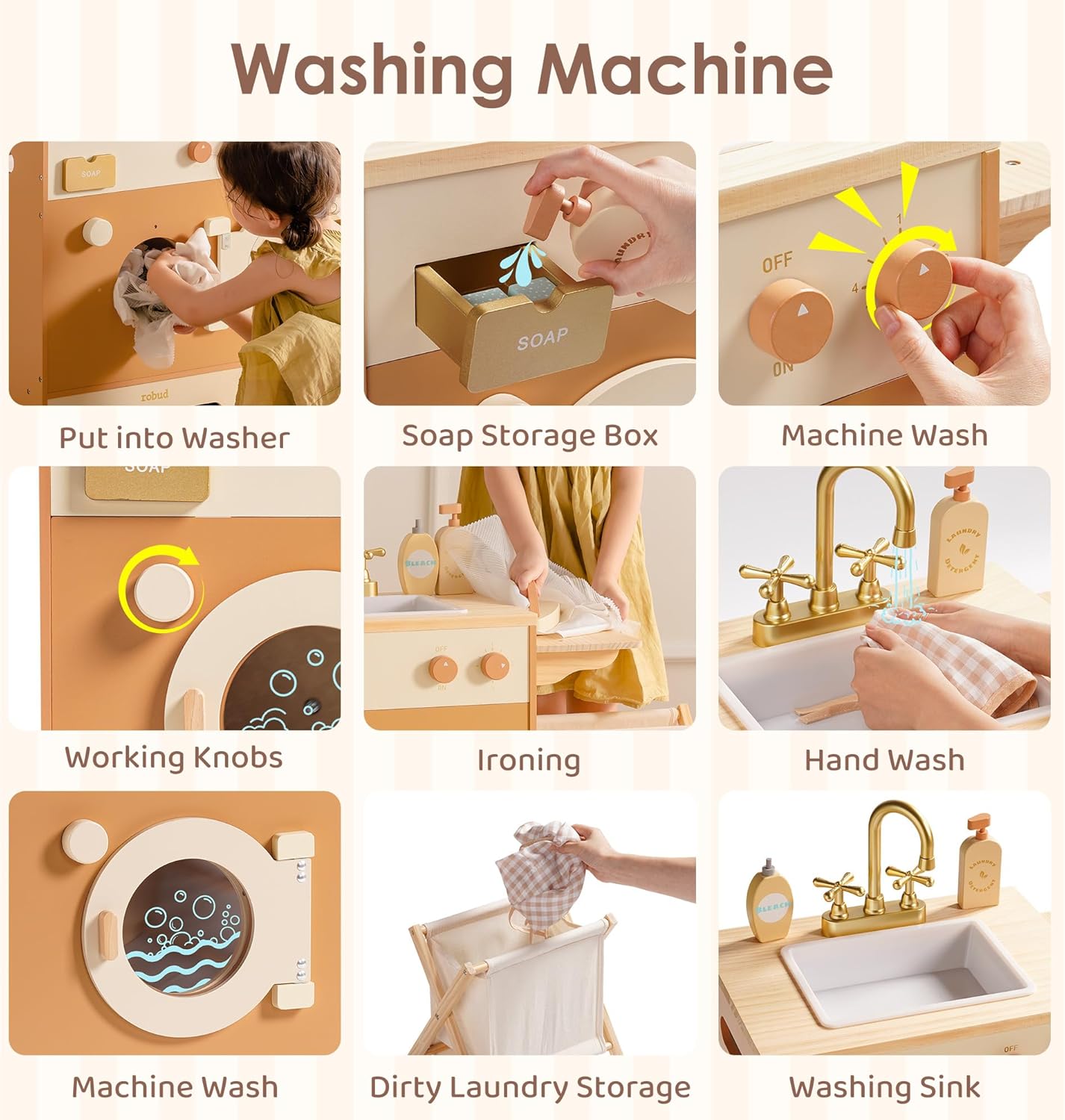 ROBUD Wooden Play Kitchen, 4-in-1 Kids Kitchen Playset with Fridge, Washing Machine, Dishwasher, Toddlers Role Play Kitchen Set Gift for Boys & Girls, Age 3+ (Caramel) - Image 4