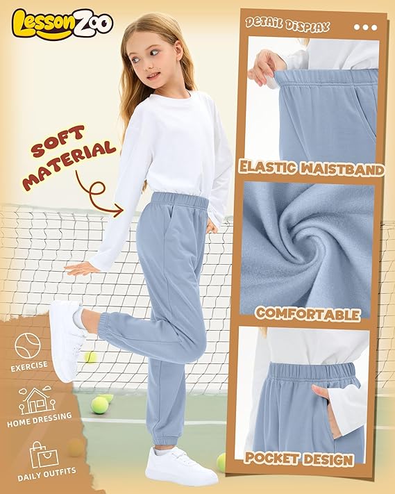 4 Pack Girls' Joggers Sweatpants Kids Casual Pants Elastic Waisted Soft Athletic Sweat Pants with Pocket - Image 2