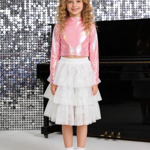 LOLANTA Metallic Dance Tops for Girls Long Sleeve Cropped Y2K Top Shiny Disco Streetwear Rave Party Festivals Costumes