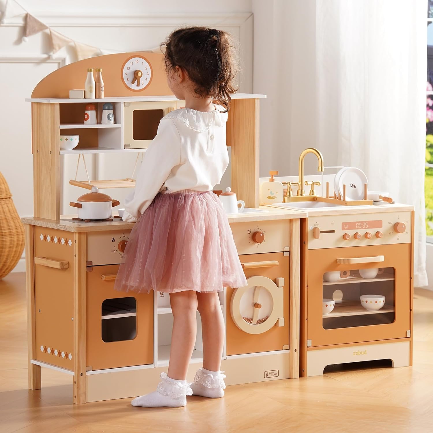 ROBUD Wooden Play Kitchen, 4-in-1 Kids Kitchen Playset with Fridge, Washing Machine, Dishwasher, Toddlers Role Play Kitchen Set Gift for Boys & Girls, Age 3+ (Caramel) - Image 2