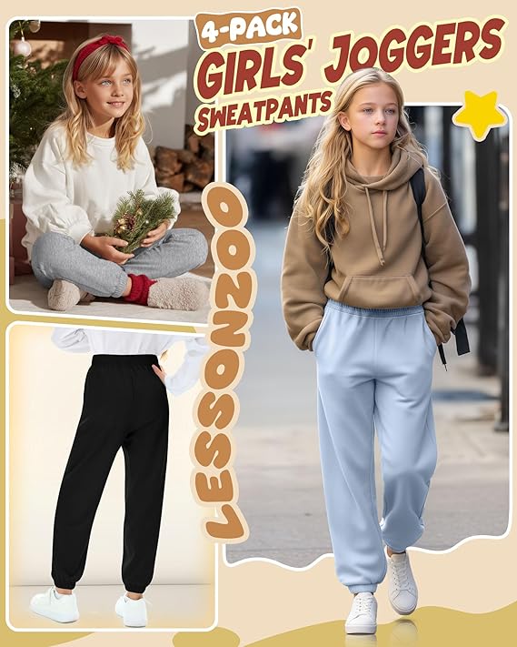 4 Pack Girls' Joggers Sweatpants Kids Casual Pants Elastic Waisted Soft Athletic Sweat Pants with Pocket - Image 3