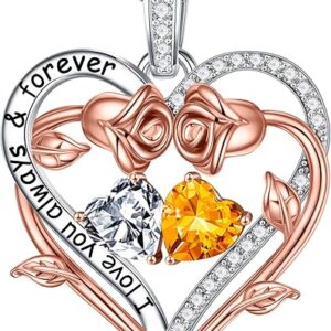 Iefil Rose Heart Double Birthstone Necklace Gifts for Wife Girlfriend Her Women, Birthstone Jewelry Gemstone Birthday Gifts for Mom Grandma Her Wife Women