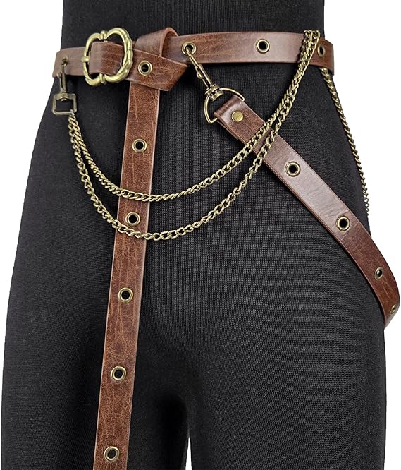 HiiFeuer Medieval DIY Faux Leather Metal Chain Belt, Vintage Adjustable Thin Belt For Women, Retro Skinny Belt For Dresses