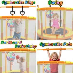 LANGXUN 60" Trampoline for Kids, 5ft Toddler Mini 6-in-1 Trampoline Indoor Outdoor with Swing, Basketball Hoop, Dart Board, Rings, Christmas Toys Birthday Gifts for Girls Boys