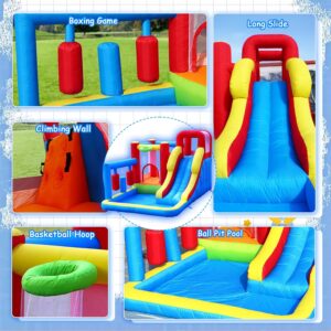 Bounce House Waterslide for Kids 3-12 w/Blower, 14.3 x 14.3FT Inflatable Obstacle Course w/Jump Area, Divided Ball Pit, Slide, Obstacle, Punching Bag, Basketball Hoop & Tunnels for Indoor/Outdoor