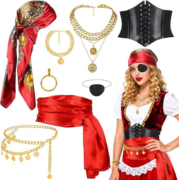 8 Pcs Halloween Pirate Costume Accessories for Women, Bandanas, Red Sash, Corset, Waist Chain, Necklace, Bracelet, Eye Patch, Medieval Pirate Accessories Women for Cosplay, Party, Renaissance