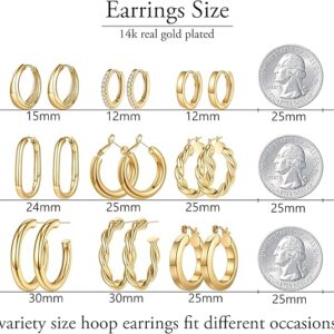 Yesteel 9 Pairs Gold Hoop Earrings for Women, 14K Real Gold Plated Chunky Hoop Earrings Set for Women Hypoallergenic Thick Lightweight Earring for Womens Jewelry Gifts