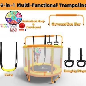 LANGXUN 60" Trampoline for Kids, 5ft Toddler Mini 6-in-1 Trampoline Indoor Outdoor with Swing, Basketball Hoop, Dart Board, Rings, Christmas Toys Birthday Gifts for Girls Boys