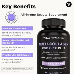Vital Vitamins Multi Collagen Capsules with Biotin, Hyaluronic Acid, Vitamin C - Type I, II, III, V, X Peptides - Collagen Supplements for Men & Women - Hair, Skin, Nails Beauty Complex - 150 Count