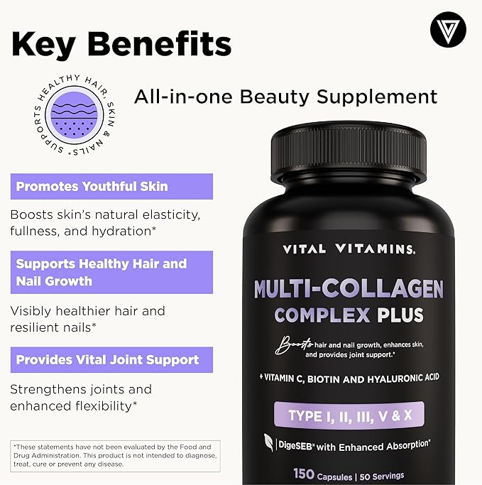 Vital Vitamins Multi Collagen Capsules with Biotin, Hyaluronic Acid, Vitamin C - Type I, II, III, V, X Peptides - Collagen Supplements for Men & Women - Hair, Skin, Nails Beauty Complex - 150 Count - Image 2