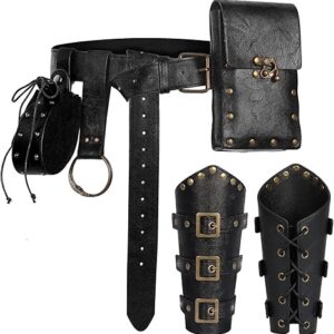 Renaissance Belt Pouch Set​​ Medieval Viking Pirate Leather Belt Pouch​​ & Bracers, Festival Accessories for Halloween (Black)