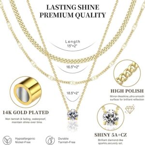 WomenGifts Layered Gold Necklaces for Women, 14K Gold Sterling Silver Plated Dainty Pendant Necklace Set with Cubic Zirconia Circle, Chunky Stackable Cuban Chain Choker, Trendy Personalized Birthstone Jewelry Gift Non Tarnish