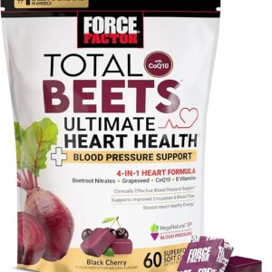 Force Factor Total Beets Ultimate Heart Health Chews for Blood Pressure Support, with Beetroot Powder, CoQ10, B Vitamins & Grapeseed Extract for Blood Flow & Energy, Black Cherry, 60 Soft Chews
