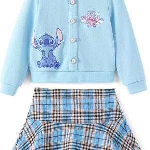 Disney Frozen Elsa Stitch Princess Moana Minnie Toddler Girl 2 Piece Outfit Kid Pearl Button Knit Top & Tweed Skirt Set 2-13Y