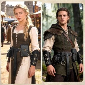 Renaissance Belt Pouch Set​​ Medieval Viking Pirate Leather Belt Pouch​​ & Bracers, Festival Accessories for Halloween (Black)