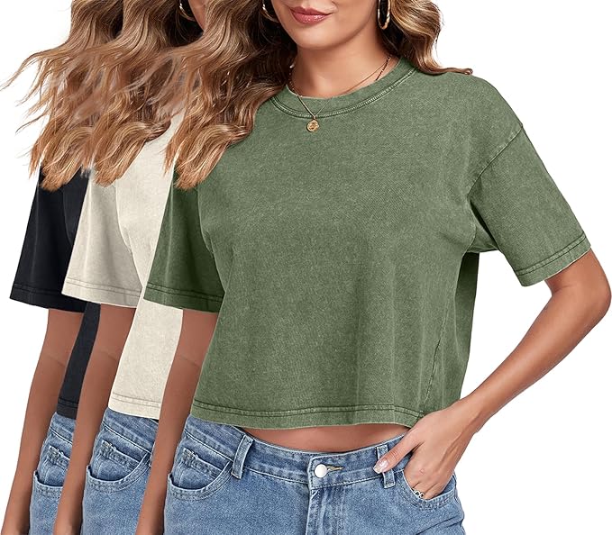 Womens Crop Tops Acid Wash Short Sleeve T-Shirts Casual Round Neck Basic Tees Baggy Summer Shirts